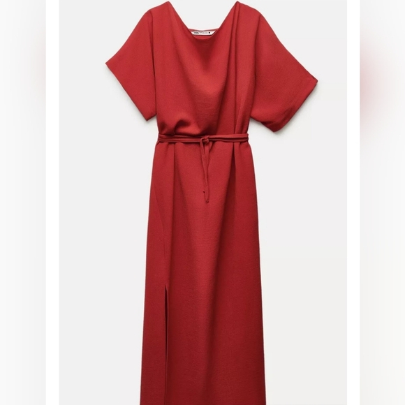 Zara ZW Collection Red Belted Long Dress Wide Neck Side Slit Size XS - Picture 11 of 16